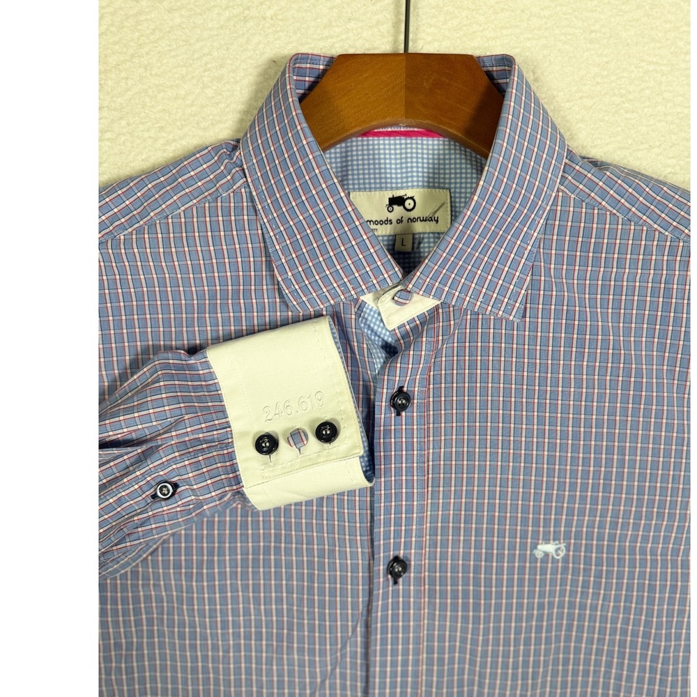Moods of Norway Shirt Men L Blue Red Plaid Button Up Tractor Logo Contrast Cuff